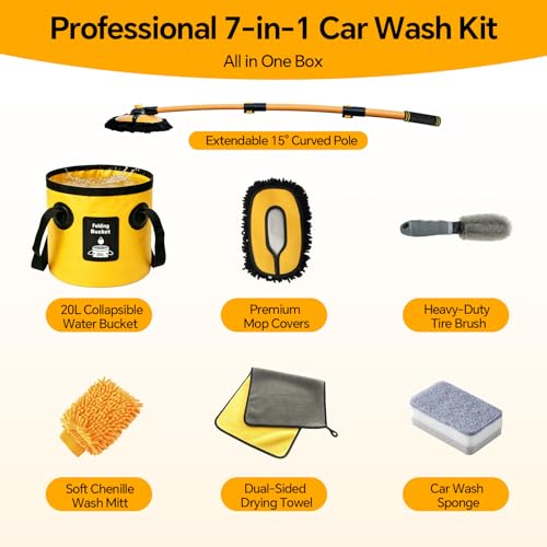 7-in-1 Car Wash Kit with 20L Collapsible Bucket, 15° Curved Mop with 40.5" Long Handle, 0.84mm Reinforced Aluminum Pole, Professional Car Cleaning Supplies for SUV, Trucks & RVs-Yellow. - color: Yellow