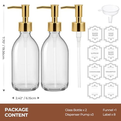 8 oz Clear Glass Pump Bottle, 250ml Small Lotion Dispenser Bottle for Body Massage Oil, Refillable Empty Hand and Dish Soap Dispensers Set with Plastic Golden Pump, Labels - 2 Pack - color: Clear With Golden Pump