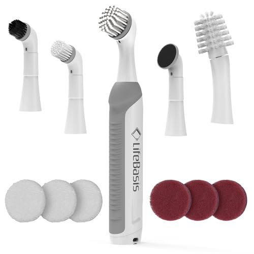 LifeBasis Rechargeable Power Scrubber, Cordless Electric Cleaning Brush, Water Resistant Small Electric Grout Brush with 5 Brushes for Home/Kitchen/Bathroom/Grout/Tile/Shower/Tub, White