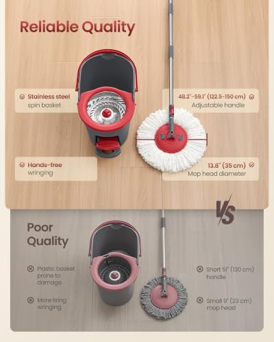 SONGMICS Spin Mop and Bucket Set with Pedal Wringer, Floor Cleaning Mop, Adjustable Telescopic Handle, Max. 59.1-Inch Length, 360° Rotating Head, 2 Microfiber Pads, Gray and Red ULMB002GT02 - color: Gray + Red, size: 2 Pads