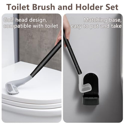 Toilet Brush and Holder Set, Silicone Toilet Brush, Golf Head Design, Long Handle, 360° Deep Cleaning, Wall Mounted with Removable Anti-Leakage Base for Bathroom Toilet Cleaning(Black) - color: Black