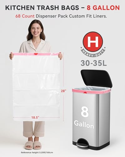 KONE Custom Fit Trash Bags Compatible with Simplehuman Code H, 68 Count Drawstring Garbage Bags, Dispenser Pack Trash Bin Liners For Kitchen, Bathroom, Home, 35 Liter / 8-9 Gallon