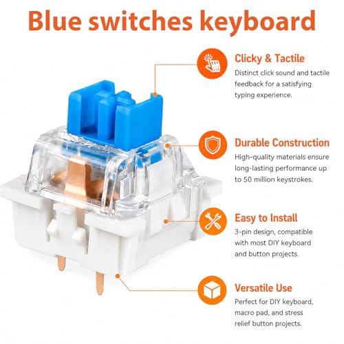 120 Pcs Blue Mechanical Keyboard Switches, 3 Pin Clicky Tactile Switches, Mechanical Keyboard Switches for 3D Printing, DIY 3D Print Clicker, Includes Keycap Puller, Cleaning Brush and Cloth
