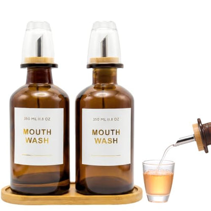 11.8OZ Glass Mouthwash Dispenser for Bathroom with Stainless Steel & Bamboo Nozzle, Mouthwash Cup Reusable, Bamboo Tray, and Elegant Gold Sticker.Set of 2（Amber - color: Amber/350*2