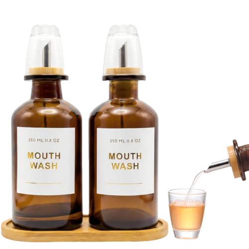 11.8OZ Glass Mouthwash Dispenser for Bathroom with Stainless Steel & Bamboo Nozzle, Mouthwash Cup Reusable, Bamboo Tray, and Elegant Gold Sticker.Set of 2（Amber - color: Amber/350*2