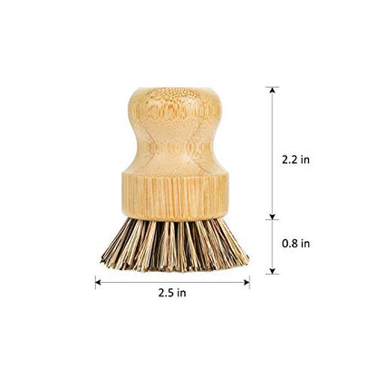 GREENTH PRO Palm Pot Dish Brush- Nature Bamboo 2 Packs Mini Durable Scrub for Kitchen Cleaning with Ceramics Holder