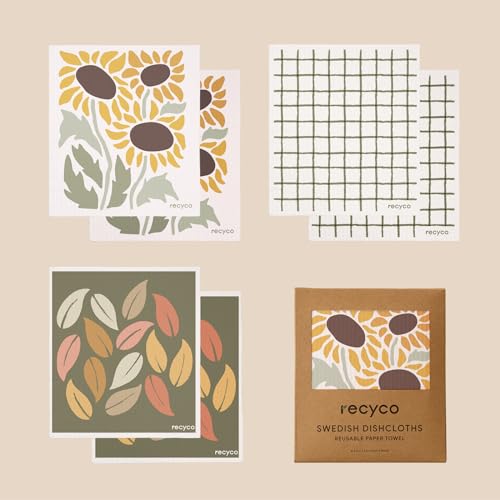 RECYCO Swedish Dishcloths for Kitchen | 6 Pack Autumn Leaf Washable Dish Rags | Cellulose Reusable Cleaning Paper Towels | Absorbent Counter Dish Cloth Sponge Kitchen Wipes, 8" L x 7" W - color: Autumn Leaf - 6 Pack