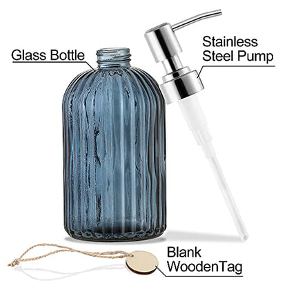 MOCLIF 16 OZ Soap Dispenser，Tempered Glass Clear Vertical Stripe with 304 Rust Proof Stainless Steel Pump Refillable Liquid Hand Soap Dispenser，for Bathroom, Kitchen, Dish Soap，Lotion (Blue Grey) - color: Blue Grey