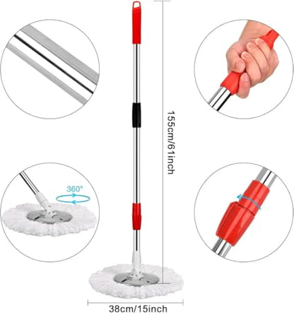 360° Spin Mop Bucket Sets with Wring System in 3 Microfiber Heads, Stainless Steel Basket 61" Extended Handle Floor Cleaning (Black)