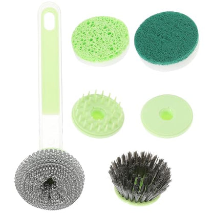 Beaupretty Kitchen Scrub Brush and Pot Brush Set with Long Handle, Detachable Steel Wire Scrubber Ball, Multi-Functional Dish Cleaning Tool for Household Sink and Cookware, Green
