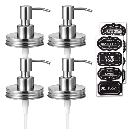 Amolliar Mason Jar Liquid Soap Dispenser Lid, Stainless Steel Pump for 16oz Regular Mouth Jar, Rustic Farmhouse Decor, Kitchen Hand Soap, Dish, Lotion Soap, Brushed Nickel 4 Pack, Extra 2 Long Tubes - color: Brushed Nickel, size: 4 Pack