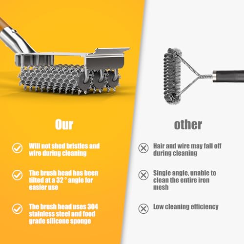 Replacement Brush Head for Bristle Free Grill Brush Compatible with HOUSE AGAIN Grill Cleaner,304 Stainless Steel Mesh+Safe Silicone Sponge Spinning Design Full-Angle Clean,Sturdy/Heat Resistant-3pcs - style: Replacement Head for Natural Wood