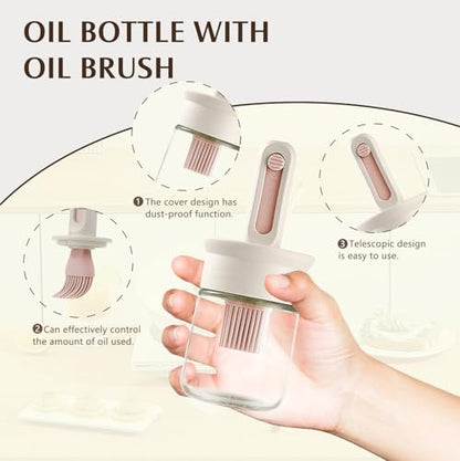 2 Pack Oil Dispenser with Brush, Glass Olive Oil Dispenser Bottle with Telescoping Silicone Basting Brush and Locked Lid for Kitchen Cooking Vinegar Sauce BBQ Grill Frying (White+Pink)