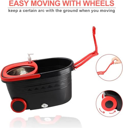 Mop and Bucket Set with Wringer, 360° Rotating Mop Bucket Floor Cleaning System on Wheels, 3 Microfiber Mop Refills for Fast Cleaning, Extendable 61' Stainless Steel Handle, Black&red