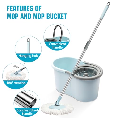 Spin Mop and Bucket with Wringer Set, 360° Spinning Mop Bucket System with 3 Microfiber Mop Replacement Heads and 50" Stainless Steel Adjustable Handle for Floor Cleaning - color: Blue-3