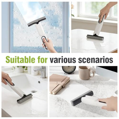 Mini Sponge Mop Self Wringing, Foldable Desktop Mop with Upgraded Handle + 2 Refill Heads, Compact Hand Mop for Countertop, Bathroom, Car Glass, Quick Wet & Dry Cleanup