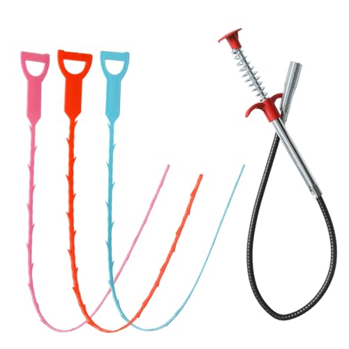3Pcs Drain Clog Remover (Orange/Blue/Pink) and 1Pcs Four Claws Hair Catcher Drain Snake Cleaner Tool, Effective Hair Clog Remover for Toilet/Kitchen Sink/Bathroom Tub - color: Orange Blue Pink