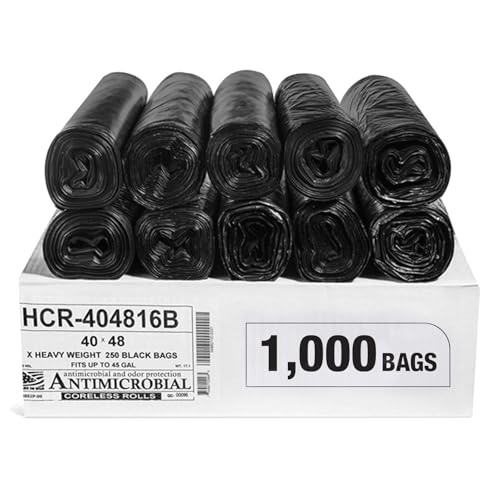 Aluf Plastics High Density Trash Bags, 45 Gallon, 1000 Count, 16 Micron (eq), 40" x 48", Black, for Bathroom, Office, Industrial, Commercial, Janitorial, Municipal, Recycling - color: Black, style: 45 Gal, 16 Micron Equiv, 1,000 Count