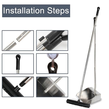 Rubber Broom and Dustpan Set,Pet Hair Removal Rubber Broom with Squeegee and Stainless Steel Dust Pan,Carpet Rake Push Broom and Dustpan for Fluff Hardwood Floor Tile (Black) - color: Black