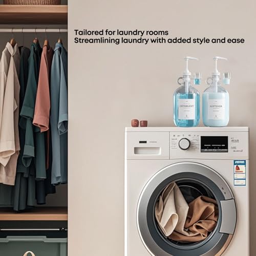 2 Pcs Glass Liquid Laundry Detergent Dispenser with Cup Holders, Half Gallon Dispenser for Laundry Room (64 oz. Each), Laundry Detergent Bottles with Pump Dispenser -Includes Labels, Measuring Cups