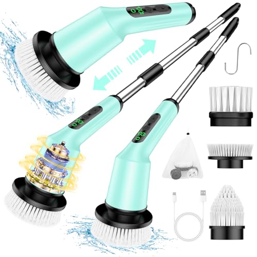 Electric Spin Scrubber for Cleaning Bathroom, Shower Scrubber Cordless Cleaning Brush with IPX7 Waterproof & 2 Speed, 3 Brush Heads, Bathroom Cleaning Supplies for Toilet Shower Tub Mint Green - color: Mint Green, size: 3 Brush Heads