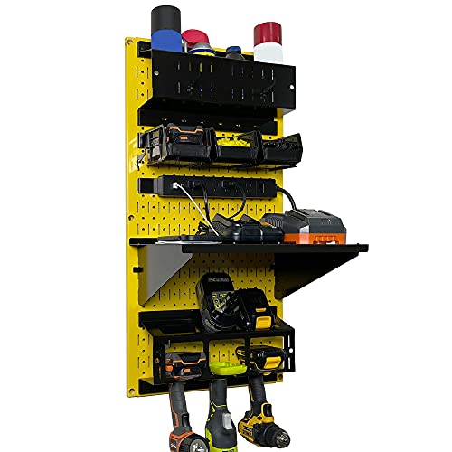 Wall Control Power Tool Storage Organizer Kit Cordless Drill Holder Charging Station Rack 16” x 32” Metal Pegboard Organization System (Yellow Pegboard) - color: Yellow Pegboard