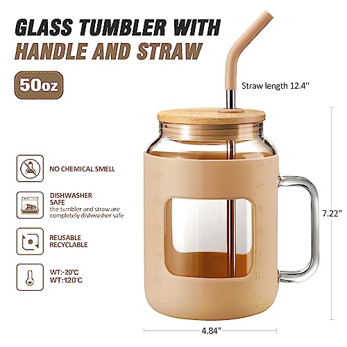 WINSA 50 oz Glass Water Bottles with Silicone Sleeve,Glass Tumbler with Lid and Straw,Iced Coffee Cup with Handle,BPA Free-Amber - color: Amber