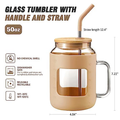 WINSA 50 oz Glass Water Bottles with Silicone Sleeve,Glass Tumbler with Lid and Straw,Iced Coffee Cup with Handle,BPA Free-Amber - color: Amber