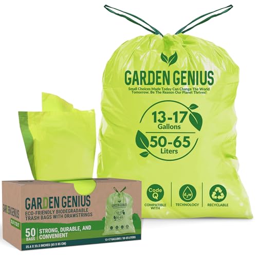Biodegradable 13-17 Gallon Code-Q Trash Bags (50 Pack) | Strong Heavy-Duty Tall Green Kitchen Bags w/ Drawstring | Fits Simplehuman & Standard Cans | Eco-Friendly D2W, 30 Micron Thick | 25.6" x 33.5" - style: Code-Q