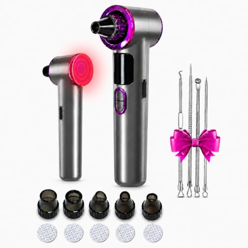 Heated Blackhead Remover Vacuum, Warm Compress Pore Vacuum Cleaner with 3 Suction Levels, LED Display, USB Rechargeable Facial Pore Cleaner Kit, 5 Heads and 4 Stainless Steel Tools