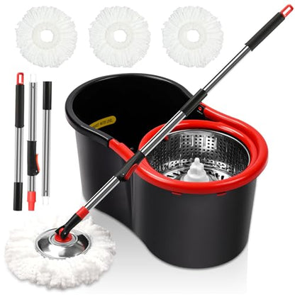 Spin Mop and Bucket with Wringer Set, 360° Spinning Mop Bucket System with 3 Microfiber Mop Replacement Heads and 51" Stainless Steel Adjustable Handle for Floor Cleaning (15QT) - color: Black-4