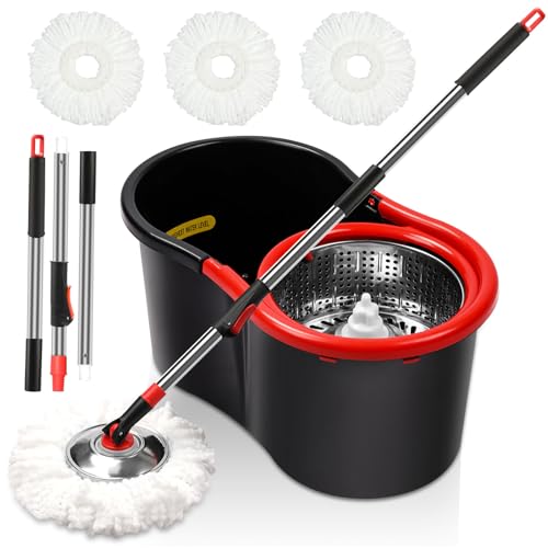 Spin Mop and Bucket with Wringer Set, 360° Spinning Mop Bucket System with 3 Microfiber Mop Replacement Heads and 51" Stainless Steel Adjustable Handle for Floor Cleaning (15QT) - color: Black-4
