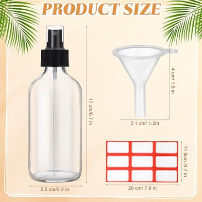 Norme 12 Pcs 8 oz Glass Spray Bottles with Funnels and Labels Refillable Cosmetic Empty Spray Bottles with Sprayer Containers for Essential Oil Cleaning Solutions(Clear,Stylish) - color: Clear, style: Stylish