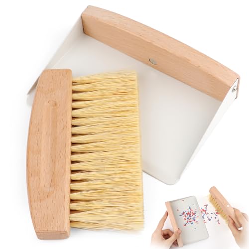 Small Dustpan and Brush Set with Wooden Handle,Mini Metal Crumb Sweeper for Countertops,Desk,Pet Hair,Car,Portable Cleaning Tools for Kitchen,Camping,Sofa (White)