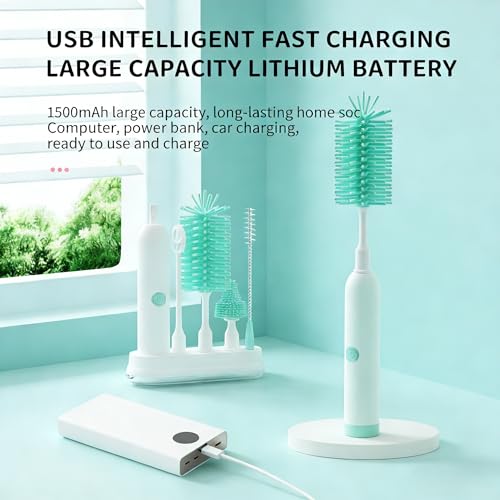 Rechargeable Electric Bottle Brush with Stand - 360° Spin Silicone Cleaner for Baby Bottles, Breast Pumps & Small Household Containers (Light Green) - color: Light Green