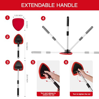 Qydipclin 10pcs Windshield Cleaner Tool, Car Window Cleaning Wash Kit with 4 Reusable Microfiber Pads 1 Spray Bottle and Extendable Handle Auto Glass Wiper Kit, Red - color: Red