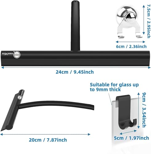 9 Inch Shower Squeegee with Hook & Suction Cup, Stainless Steel Core Silicone Rubber Wiper, Streak-Free Cleaner for Shower Doors, Windows, Mirrors, Tile & Car Glass (Black) - size: Round Head-9 inch