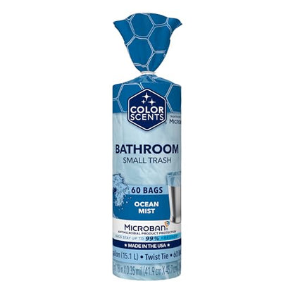Color Scents Small Trash Bags - 4 Gallon, 60 Bags (1 Pack of 60 Count), Twist Tie - Light Blue in Ocean Mist Scent with Microban - size: 60 Count (Pack of 1), style: Ocean Mist Scent