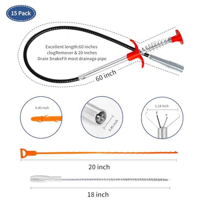 60inch Drain Snake (1pc), 20inch Hair Drain Clog Remover (12 pcs) & 18Inch Cleaner Brush (2 pcs), Sink Plumbing Snake Drain Tool Unclogger Tool Set For Kitchen, Bathroom Tub, Sewer, Toilet - style: 12pcs 20inch+1pcs 60inch+2pcs Cleaner Brush