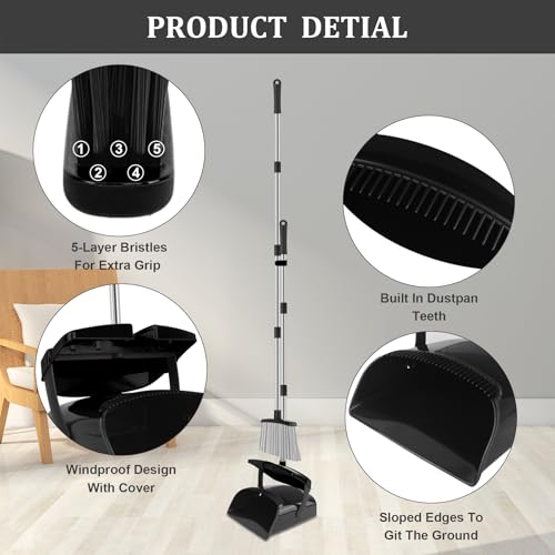Broom and Dustpan Set, 51" Long Handle Broom with Dustpan Combo Set, Windproof Standing Dust pan with Self-Cleaning Teeth, Household Set Sweep Kitchen Office Lobby Pet Room - color: Black