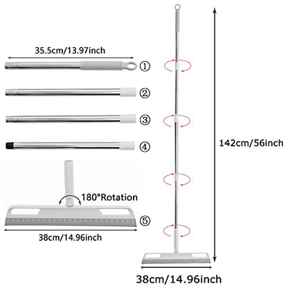 Multifunction Rubber Air Broom, Silicone Floor Squeegee with 56" Long Handle, Rubber Sweeper, Air Broom for Floor Bathroom Kitchen Shower Tile Pet Hair Fur Marble Glass Water Window Foam Clean (Grey) - color: Gray
