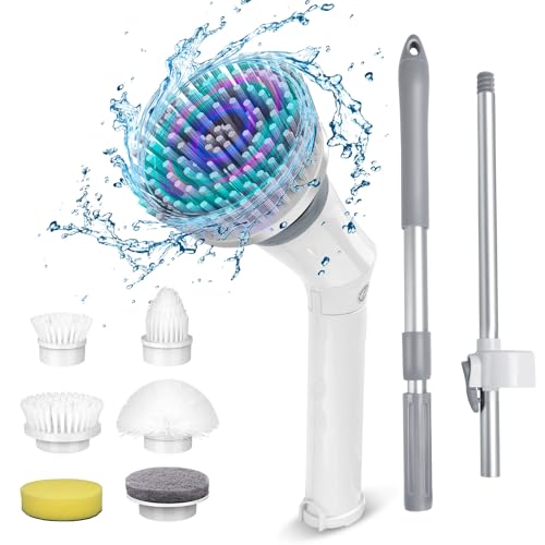 Qimedo Upgrade Rechargeable Electric Scrubber for Cleaning, 45-inch Handheld Spin Scrubber with Extended Long Handle, Cordless Power Dish Scrubber with 6 Brushes for Bathtub Grout Tile Floor - color: White, size: Scrubber with 45-inch Handle