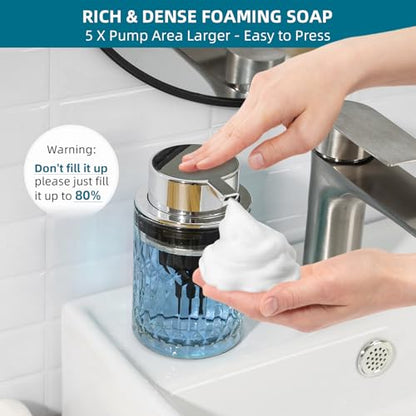 RYTOXILO Foaming Soap Dispenser, Clear Glass Foam Hand Soap Dispenser for Bathroom, Refillable 7.8 Fl Oz Foamy Pump Bottle with Plastic Sliver Pump, Modern Dish Soap Foam Dispenser Container