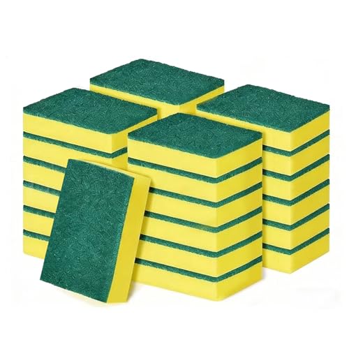 24-Pack Heavy Duty Scrub Sponges, Non-Scratch Kitchen Sponge with Durable Scouring Pad, Dual-Sided Cleaning Sponge for Dishes, Pots, Pans, Sinks – Extra Absorbent & Long-Lasting - color: Green and Yellow, size: 24-Pack