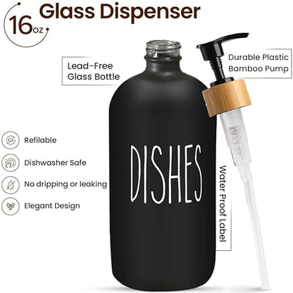 Sunrise Premium 16 OZ Thick Black Glass Soap Dispenser, Bamboo Pump with Tray 2 Pack, Hand and Dish Soap Dispenser Set for Bathroom with 6 Waterproof Labels - color: Bamboo Pump With Tray - Black Glass