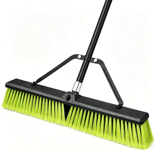 TidyBliss 24” Push Broom Outdoor Heavy Duty, Large Commercial Stiff Bristle Brush with 63 inches Long Handle for Garage Shop Garden Yard Patio Deck Street Warehouse Lawn Driveway (Yellow-Green) - color: Yellow-green