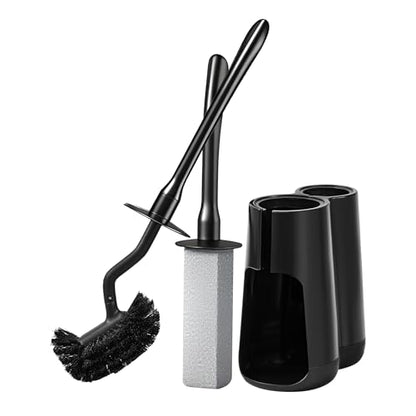 Toilet Brush and Holder Set with Pumice Stone – Long Handle Toilet Bowl Brush, Anti-Splash Scrubber, Ventilated Drip-Free Base, Deep Cleaner for Hard Water Stains, Limescale, Toilet Rings - color: Black