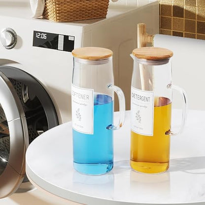Laundry Detergent Dispenser Set with Bamboo Lids and Handles - Easy Pour 3 Pack 50 oz Liquid Laundry Containers for Laundry Room Organization and Storage - color: bamboo lid 3 pack