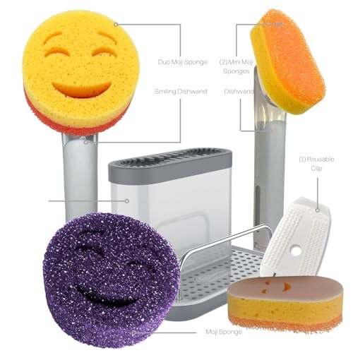 Smilyeez Caddy Combo, Sink Caddy, Smiling Handle, 2 Scrub Moji Sponges, Dishwand with 2 Mini Moji Sponges (Black) - style: Black - Mini Moji