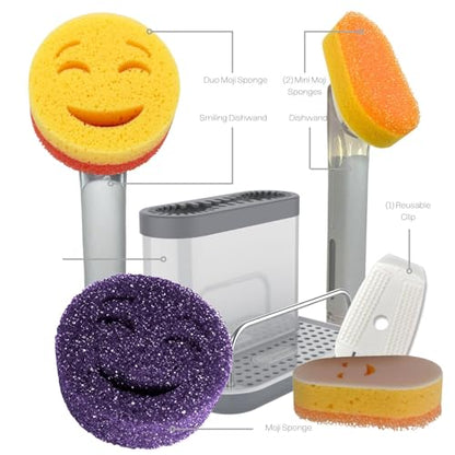 Smilyeez Caddy Combo, Sink Caddy, Smiling Handle, 2 Scrub Moji Sponges, Dishwand with 2 Mini Moji Sponges (Black) - style: Black - Mini Moji